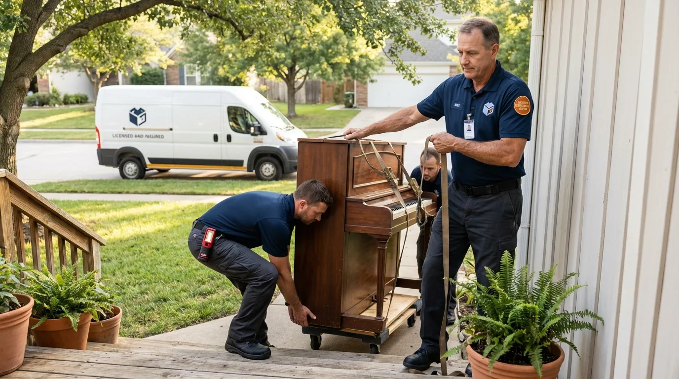 Licensed piano movers securing grand piano in Williamsburg, IA