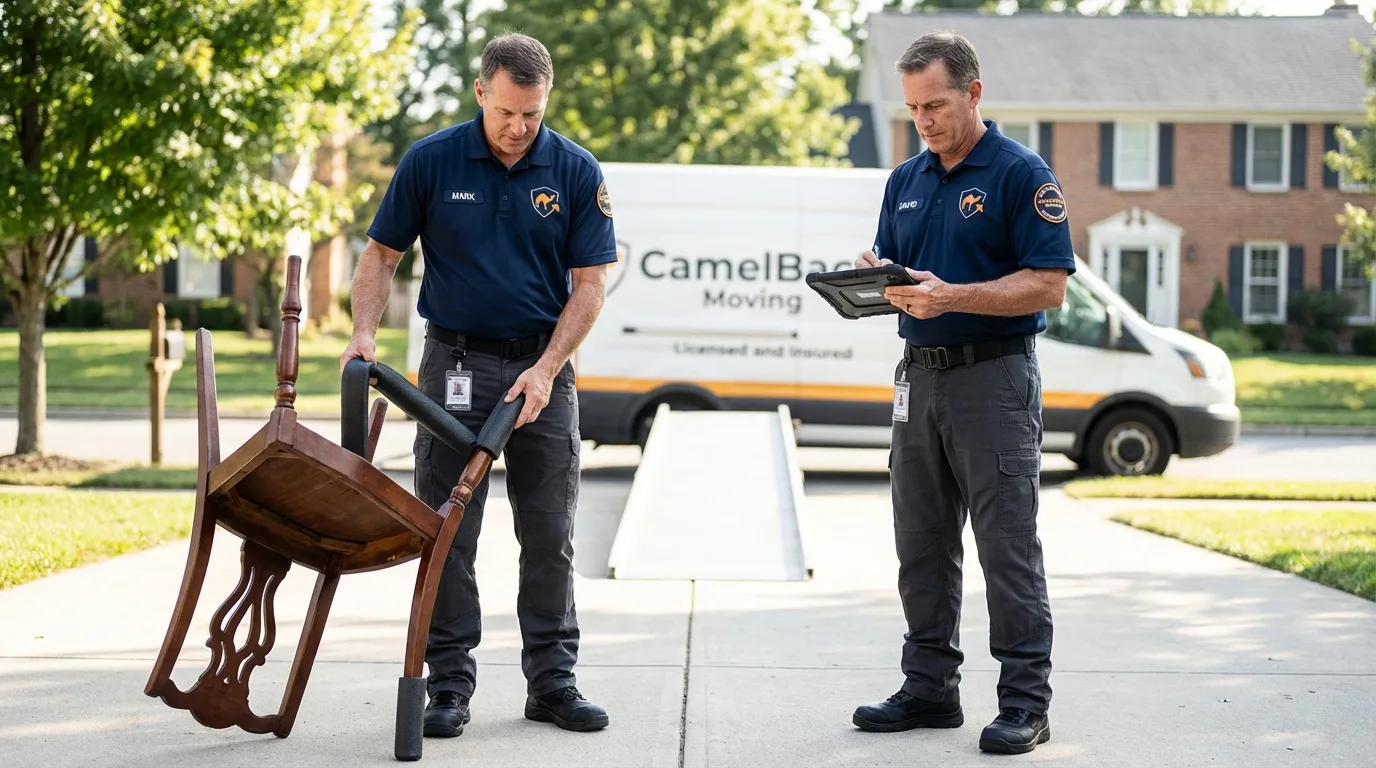Movers inspecting furniture for damage prevention before loading in Williamsburg, IA