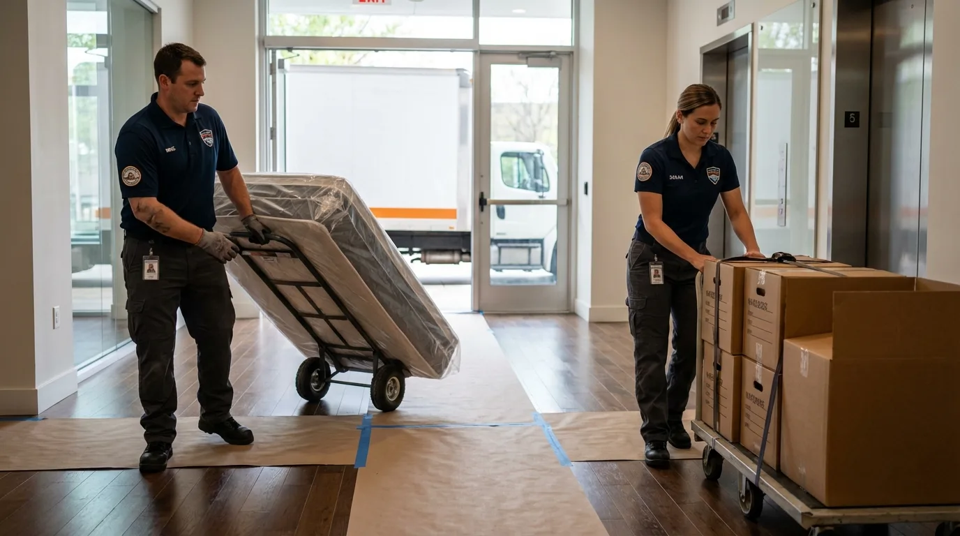 Professional apartment movers loading elevator in Williamsburg, IA