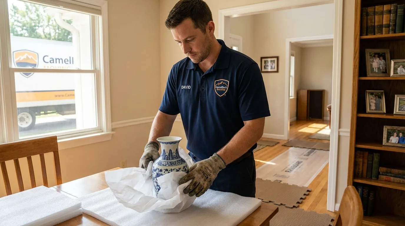 Professional crew carefully wrapping antique vase for senior downsizing move in Williamsburg, IA
